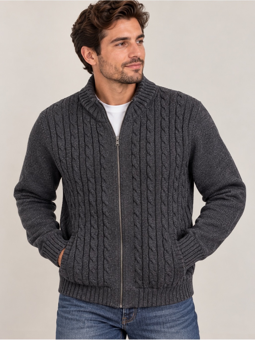 Boston Traders Men's Dark Gray Cable-Knit Zip Sweater